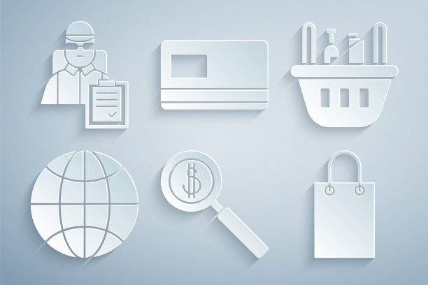 设置放大镜和美元，购物篮食品，世界各地，纸购物袋，信用卡和快递员与纸箱图标。向量图片下载