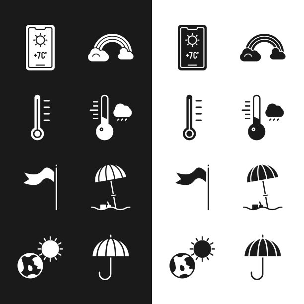 设置气象温度计，天气预报，彩虹与云，风向，太阳保护伞海滩，伞和地球地球仪和太阳图标。向量图片下载