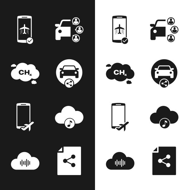 设置汽车共享，甲烷减排，飞行模式的移动，和音乐流媒体服务图标。向量图片下载