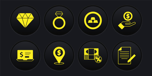 设置笔记本电脑与美元，手给钱，现金位置，金钱百分比，金条，钻石订婚戒指，文件笔和图标。向量图片下载