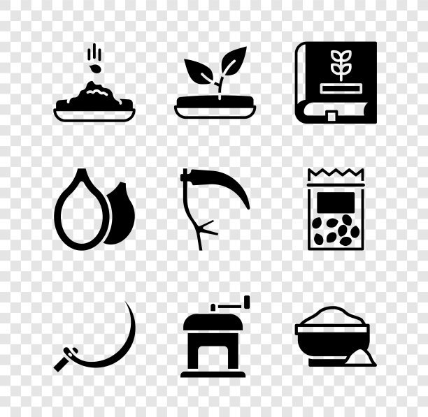 Set Seed, Sprout, Book about seeds, Sickle, Manual coffee grinder, Flour bowl, Pumpkin and Scythe icon。向量图片下载