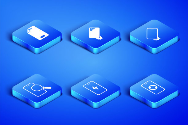 设置手机维修服务，玻璃屏幕保护器，手机充电电池，防震手机和图标。向量图片下载