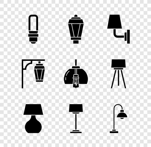 设置LED灯泡，花园灯，墙或壁灯，桌子，地板，复古街道和吊灯图标。向量图片下载