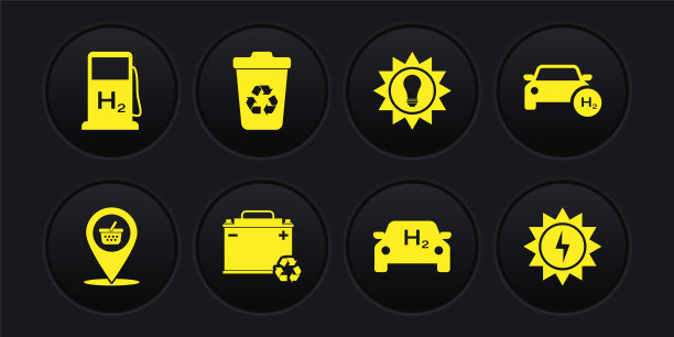 设置位置购物篮，氢能车，汽车电池与回收，太阳能电池板，回收站，加油站图标。向量图片下载