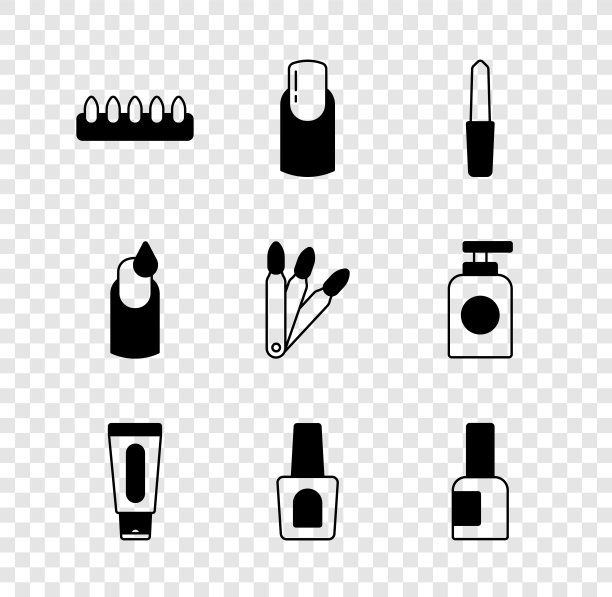 采购产品假指甲，指甲修甲，文件，管手霜，瓶指甲油，修甲和图标。向量图片下载