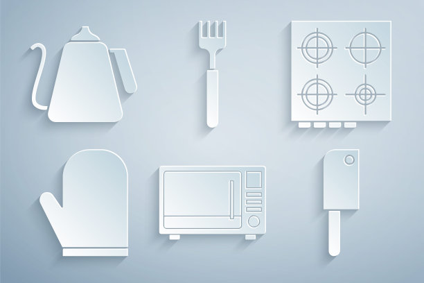 设置微波炉，煤气炉，烤箱手套，剁肉刀，叉子和水壶与把手图标。向量图片下载