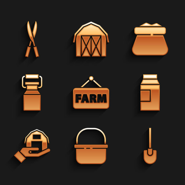 设置标志与文本农场，篮子，铲子，纸包装牛奶，房子在手，罐头容器，满袋和园艺手工剪刀图标。向量图片下载