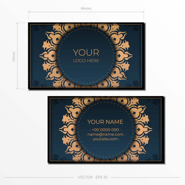 蓝色名片模板。装饰名片装饰物、东方图案、插图。随时可以打印，满足打印需要图片下载