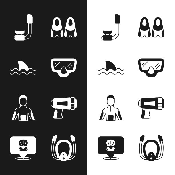 设置潜水面罩，鲨鱼，呼吸管，脚蹼游泳，潜水服水肺潜水，手电筒潜水员，与呼吸管和扇贝海贝壳图标。向量图片下载