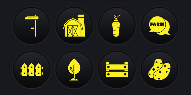 设置花园栅栏木制，语音气泡农场，树，木盒子，胡萝卜，房子，土豆和镰刀的图标。向量图片下载