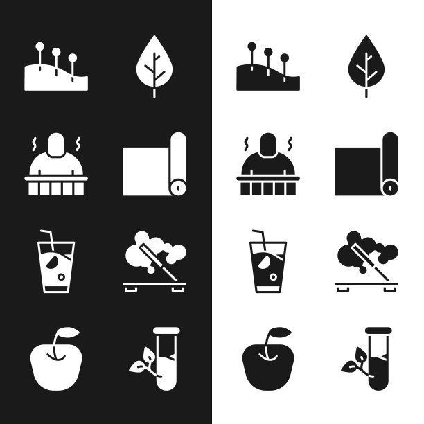 集健身垫卷，桑拿和水疗程序，针灸疗法，叶片，新鲜冰沙，香味棒，实验室玻璃叶片和苹果图标。向量图片下载