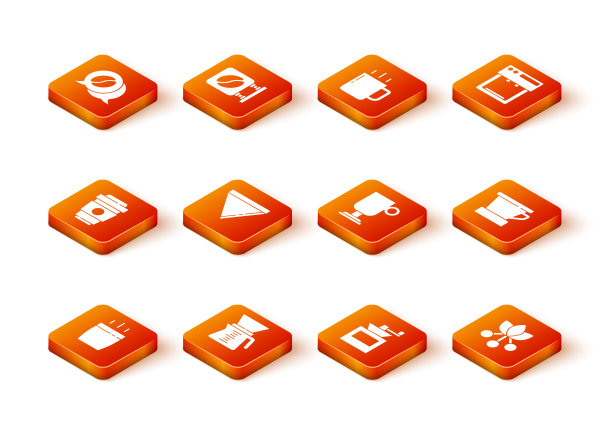 设置咖啡杯，倒咖啡机，去，纸过滤器，手动研磨机，爱尔兰，豆，树枝和V60图标。向量图片下载