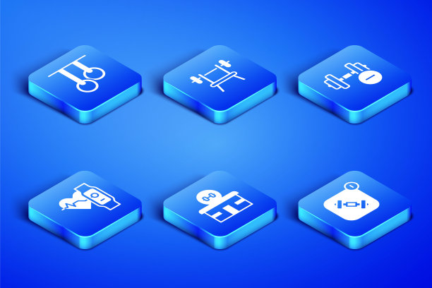 设置健身应用程序，体操环，建筑，智能手表与心脏，长凳杠铃和哑铃图标。向量图片下载