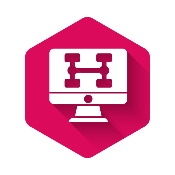 白色硬件诊断条件汽车图标隔离与长阴影背景。汽车服务和修理零件。粉红色的六角按钮。向量图片下载