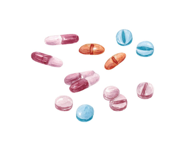 药物药丸或药片。粉色药丸装在蓝色罐子里。图片下载