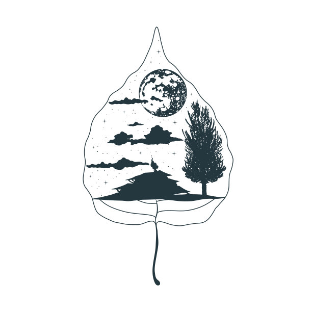 神秘的阿斯彭叶。天上有山、云、月、河、林的纹身。神奇的剪纸艺术。图片下载