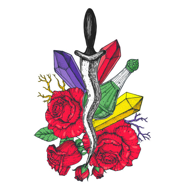 匕首，玫瑰和神秘物品。手绘矢量插图。彩色插图。纹身打印。t恤的设计。图片下载