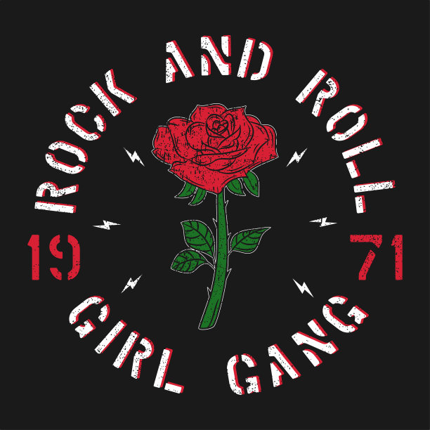 摇滚女孩帮-垃圾摇滚字体的t恤，女人的衣服。玫瑰和口号的服装印花。向量图片下载