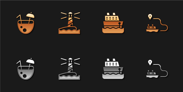 设置椰子鸡尾酒灯塔游轮和图片下载