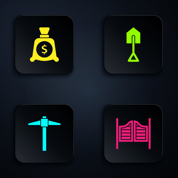 设酒吧间门、钱袋、鹤嘴锄和铁锹图片下载