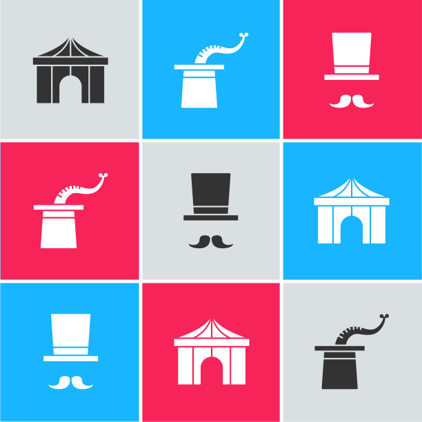 设置马戏团帐篷魔术师帽子和图标图片下载