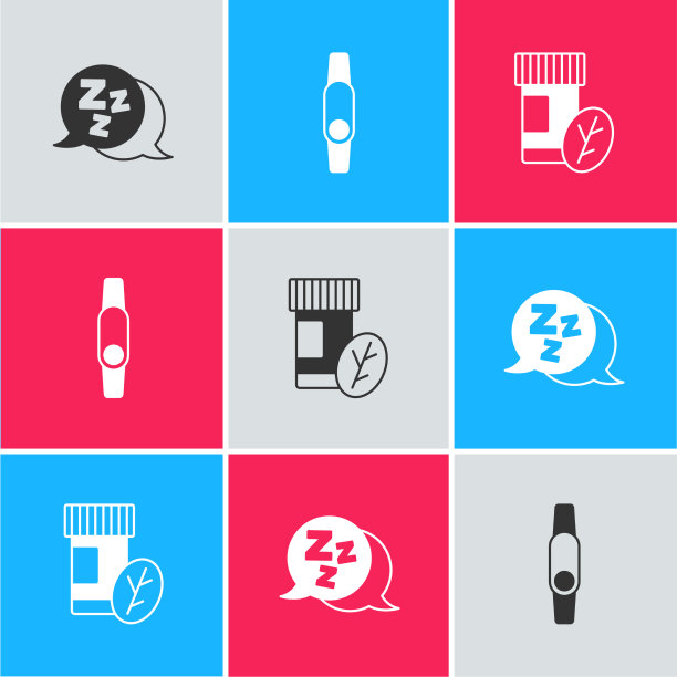 设置睡眠智能手表和维生素药丸图标图片下载