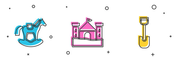 马在马鞍上摆荡沙堡和铁锹图片下载