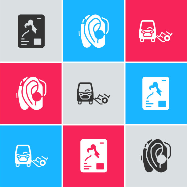 设置x射线射击助听器和残疾汽车图标图片下载