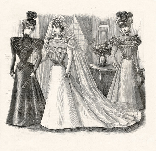 优雅的女人穿着美丽的婚纱。1897年，法国巴黎图片下载