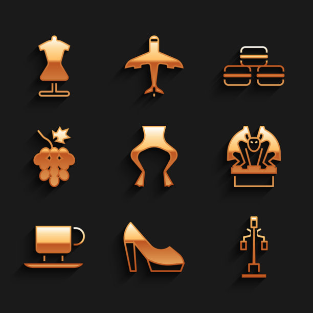 青蛙腿，女鞋，路灯，石像鬼，咖啡杯，葡萄，马卡龙饼干和人体模型图标。向量图片下载