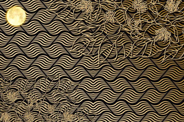 带有金色波浪的3d抽象现代壁画墙纸。黑色背景与金色的花朵、树枝和金色的月亮墙壁家居装饰图片下载