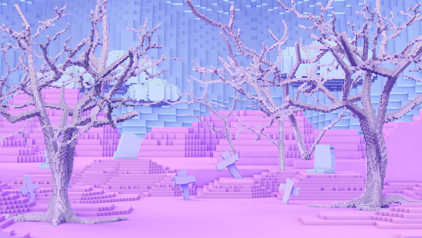 3D渲染像素艺术风格的墓地与山上有干树和背景天空与云，万圣节装饰概念。图片下载