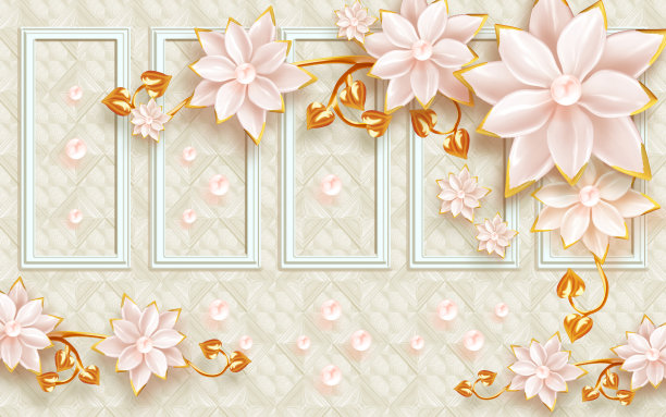 3d插图壁画艺术墙纸。金色和白色的花在经典的背景和珍珠。墙壁家居设计。图片下载