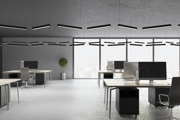 简约的混凝土办公室内，家具，窗户与城市景观和日光。企业的概念。3 d渲染。图片下载