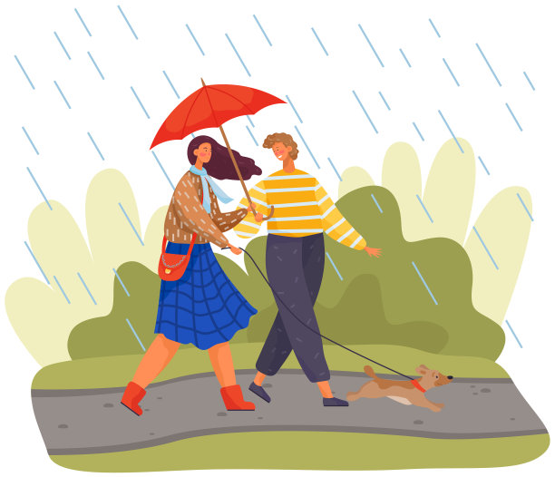 一对年轻夫妇撑着伞带着小狗散步图片下载