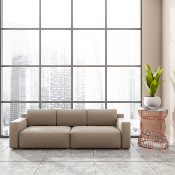 时尚的现代办公室内在摩天楼设计米色皮革沙发，瓷砖瓷砖地板。全景窗口。新加坡城市的观点。没有人。图片下载