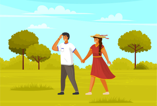 一对穿着浅色衣服的情侣在公园里散步图片下载