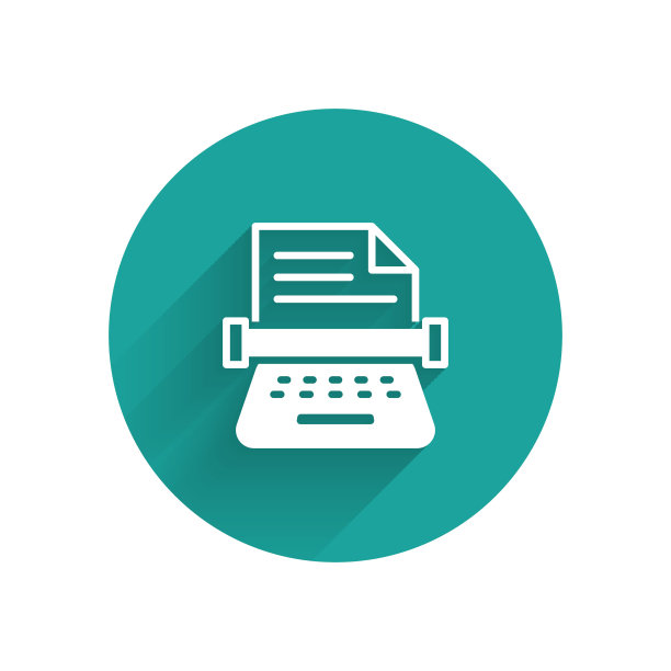 白色复古打字机和纸图标孤立与长阴影背景。绿色圆圈按钮。向量图片下载