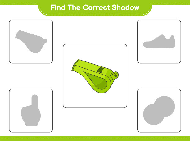 找到正确的阴影。找到并匹配哨子的正确影子。教育儿童游戏，可打印的工作表，矢量插图图片下载