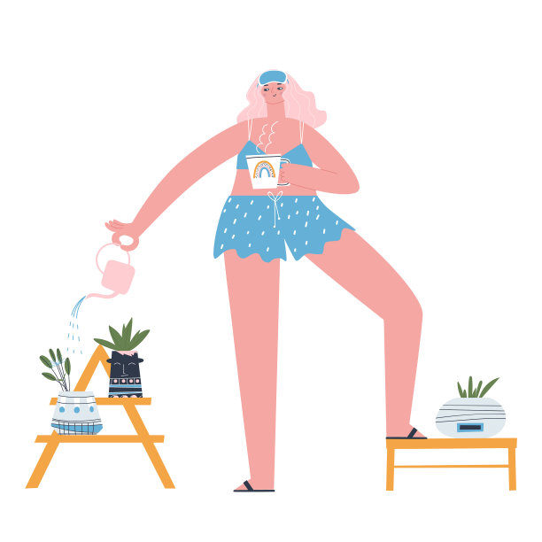 一个穿着睡衣的女孩正在喝她的早上咖啡，用一个小喷壶浇她的室内植物。时尚的平面矢量插图图片下载
