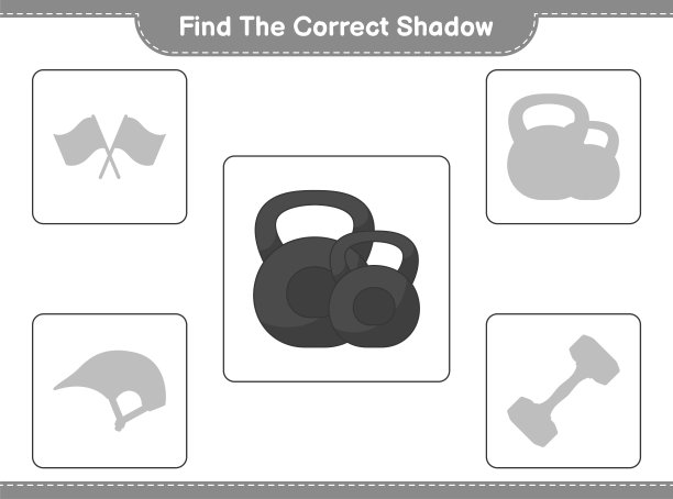 找到正确的阴影。找出并匹配哑铃的正确影子。教育儿童游戏，可打印的工作表，矢量插图图片下载