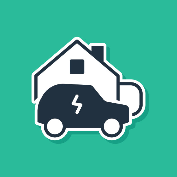 蓝色电动汽车停车在家里充电墙盒充电器站在房子图标孤立在绿色背景。向量图片下载