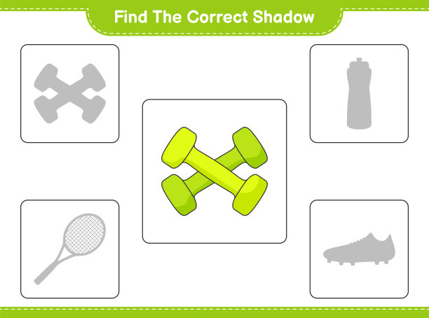 找到正确的阴影。找出并匹配哑铃的正确影子。教育儿童游戏，可打印的工作表，矢量插图图片下载