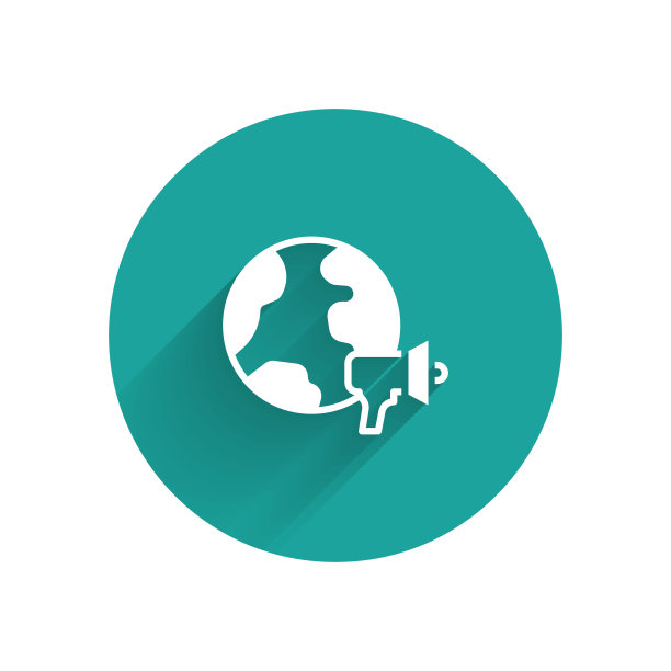 白色世界新闻图标孤立与长阴影背景。突发新闻，世界新闻电视。绿色圆圈按钮。向量图片下载