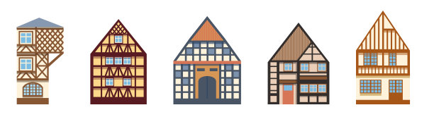 收集旧的德国和法国房屋插图在一个扁平的卡通风格图片下载