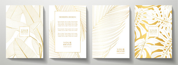 热带金色封面设计集。花的背景与金线图案的异域树叶(棕榈，香蕉树)图片下载