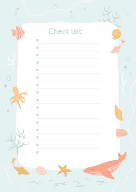 检查列表和计划器模板。海洋插图与鲸鱼，鱼，贝壳和珊瑚。空白纸上有线条、水纹。图片下载