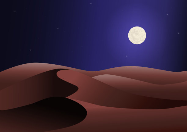 夜沙漠，沙丘，月亮和星星。图片下载