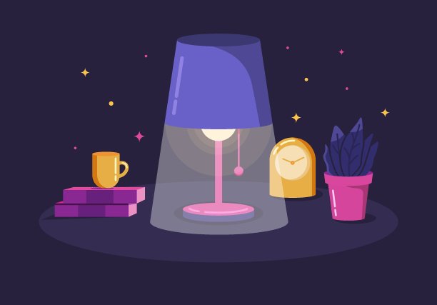 一个工作场所与一个发光的灯在桌子上的平面矢量插图。晚上办公室的房间。图片下载