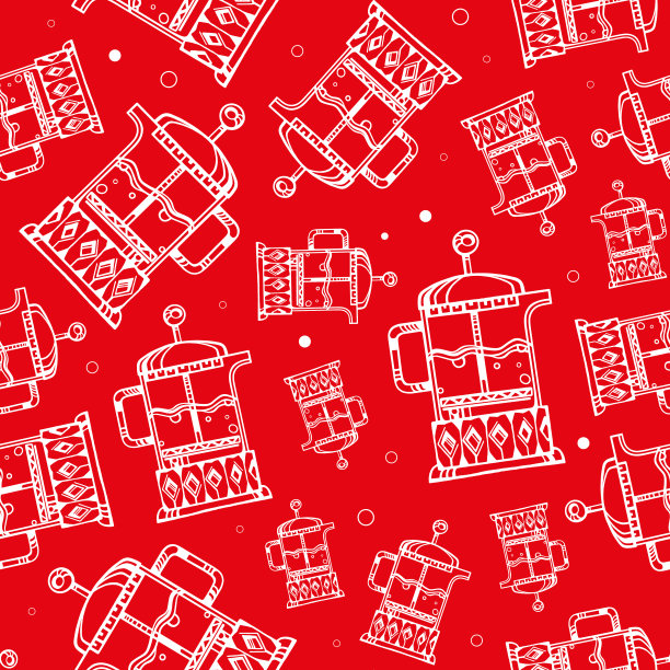 矢量无缝图案上的主题是一个茶和咖啡店。手绘插图(矢量)的一个白色的法国压茶壶在一个红色的背景。墙纸，包装纸，织物，印刷品。图片下载